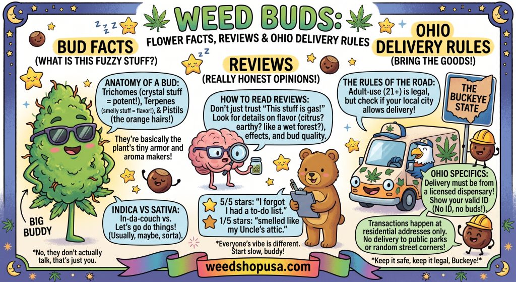 Weed buds showing cannabis flower structure beside a product information label